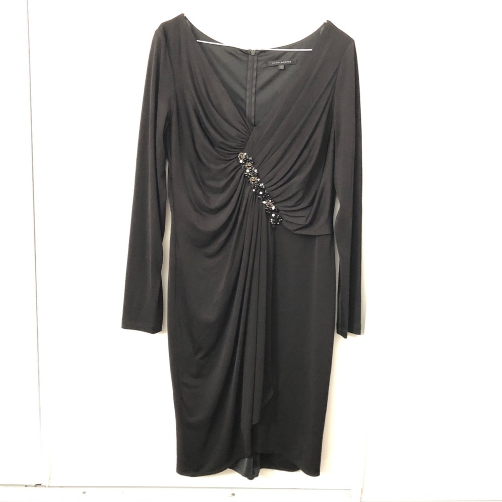 David Meister Long Sleeve Front Slit Dress with Beading on the Front